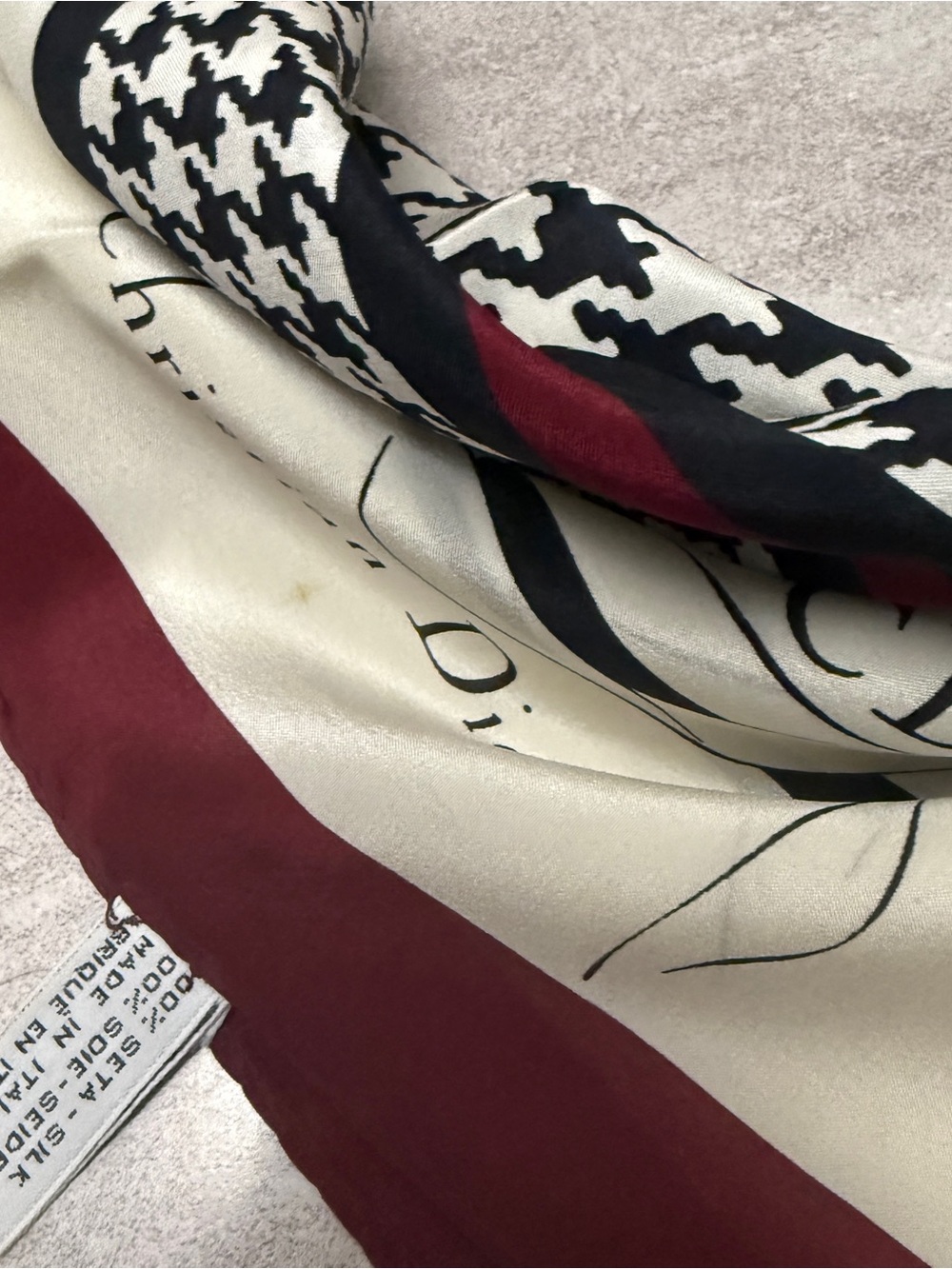 Dior Burgundy, Ivory and Black Houndstooth Silk-Feel Square Scarf - Picture 7 of 9